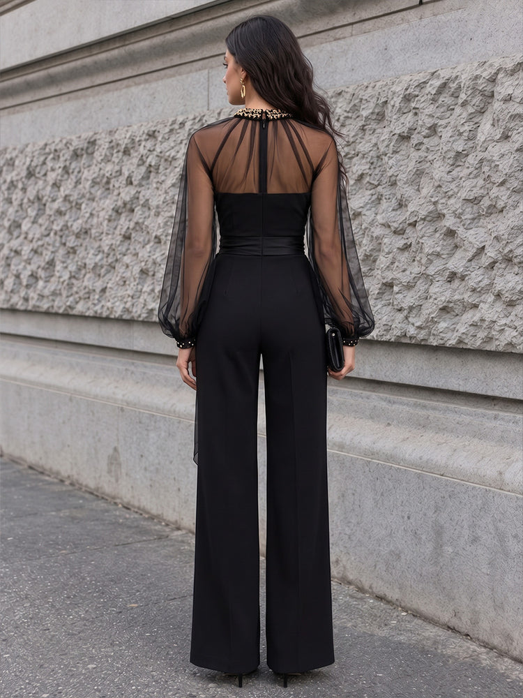 Stretch Crepe Jumpsuit High Neck Long Evening Dresses with Beaded