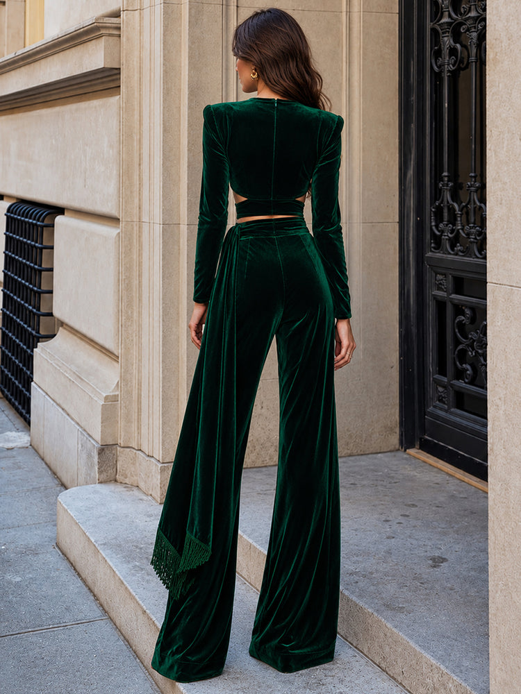 Velvet 2 Pieces V Neck Long Evening Dresses with Cutout