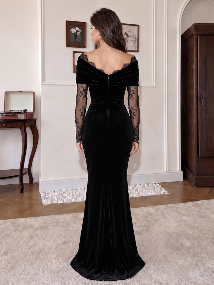 Velvet Mermaid Off Shoulder Long Evening Dresses with Floral Lace Applique