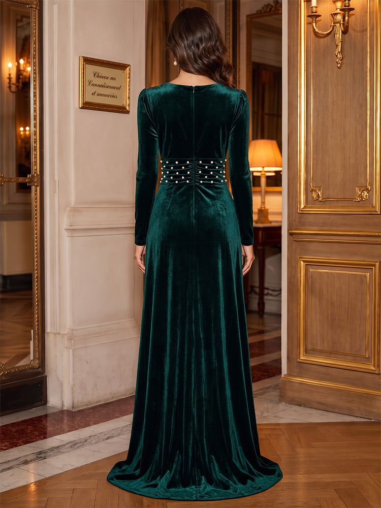 Velvet A-Line V Neck Long Evening Dresses with Beaded