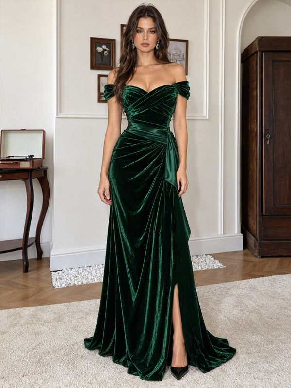 Velvet A-Line Off Shoulder Long Evening Dresses with Ruched