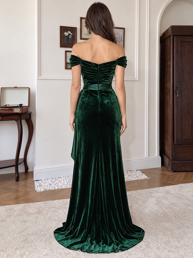 Velvet A-Line Off Shoulder Long Evening Dresses with Ruched
