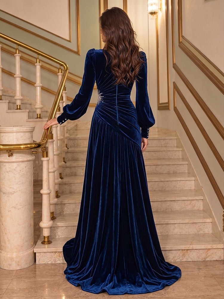 Velvet A-Line Round Neck Long Evening Dresses with Ruched