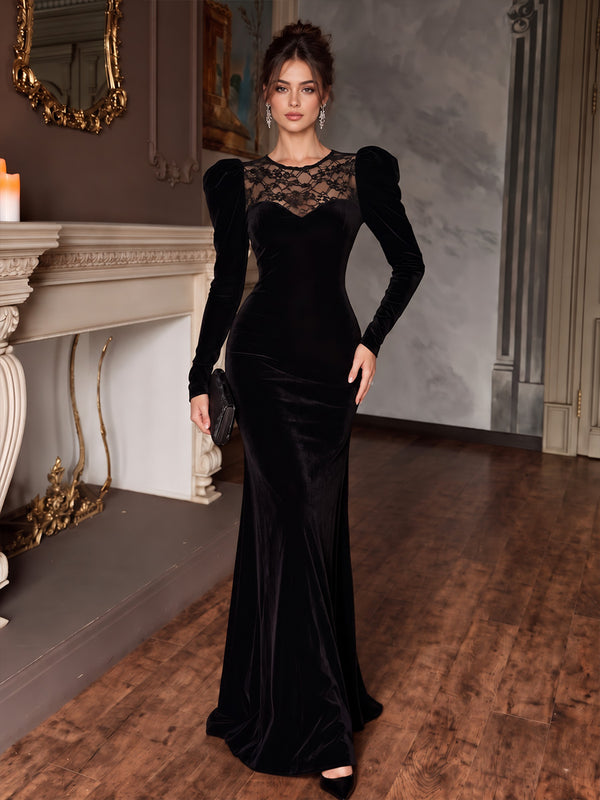 Velvet Mermaid Round Neck Long Evening Dresses with Lace Applique