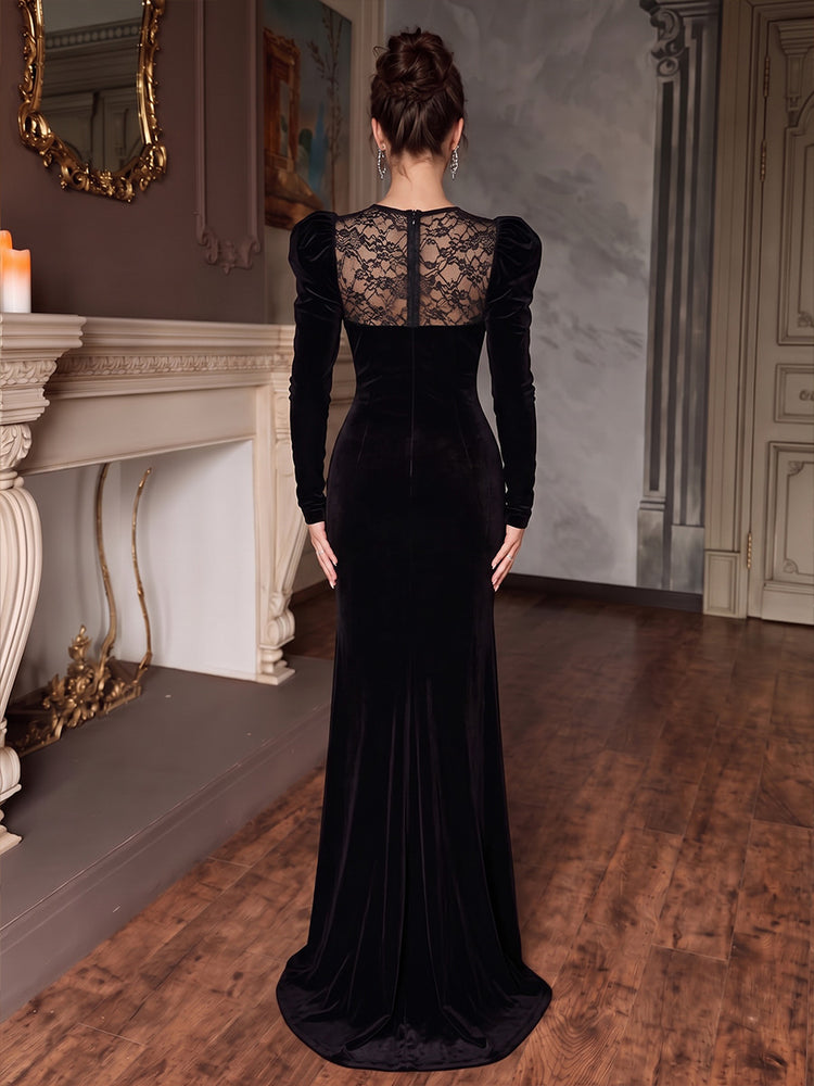 Velvet Mermaid Round Neck Long Evening Dresses with Lace Applique