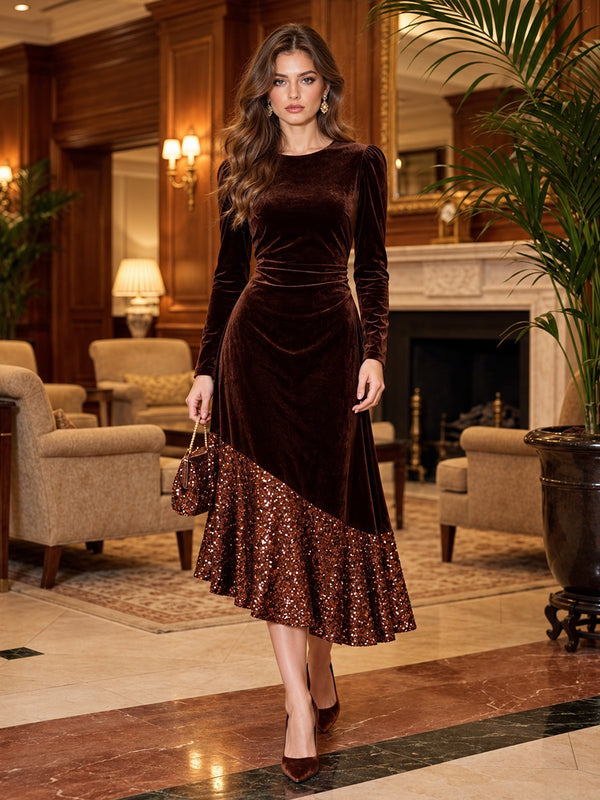 Velvet Mermaid Round Neck Tea Length Evening Dresses with Sequin