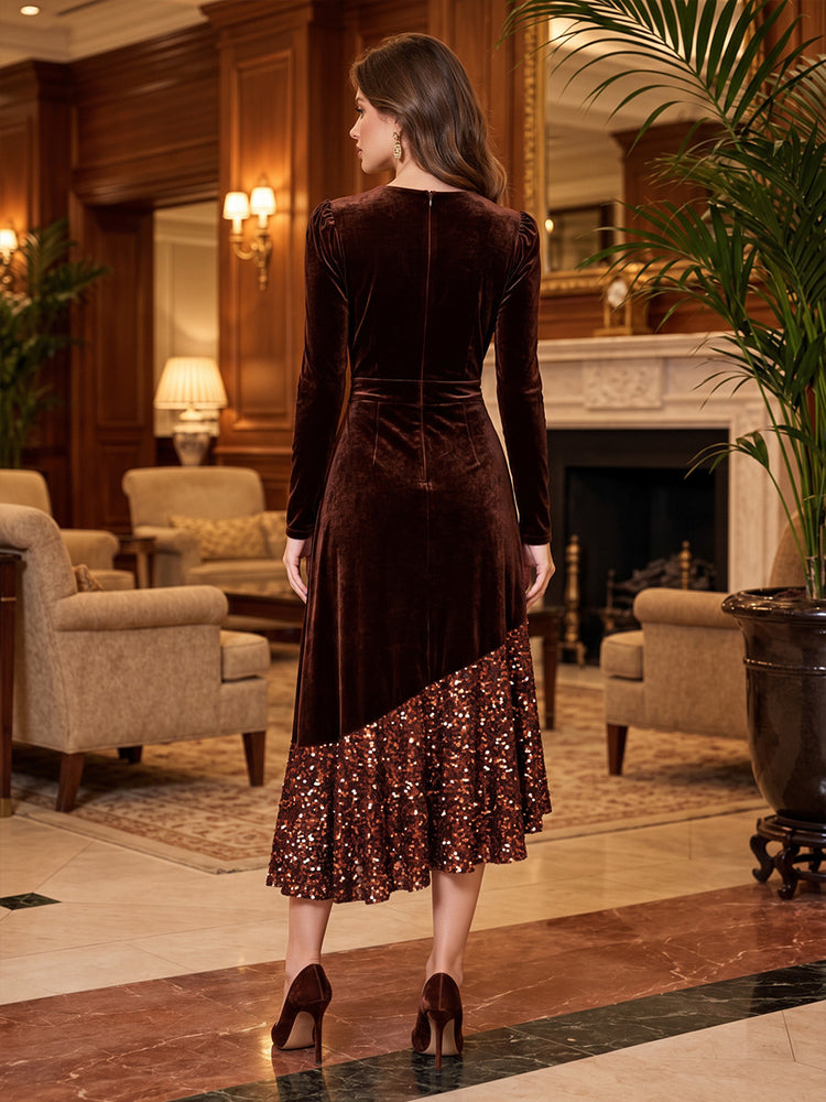 Velvet Mermaid Round Neck Tea Length Evening Dresses with Sequin