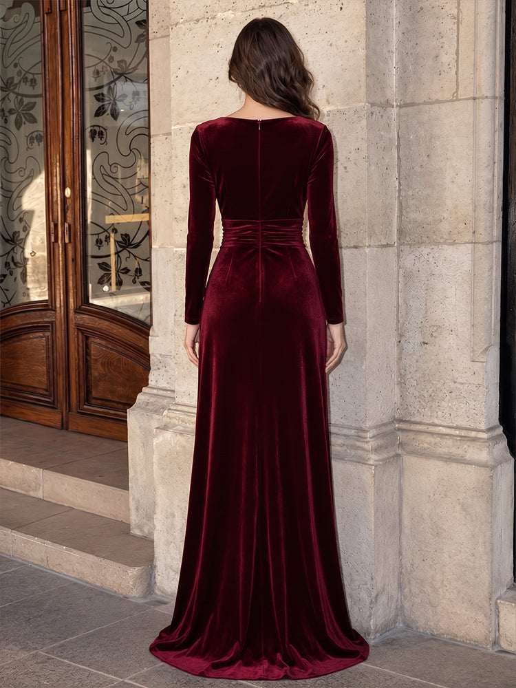 Velvet A-Line Round Neck Long Evening Dresses with Ruched Bodice