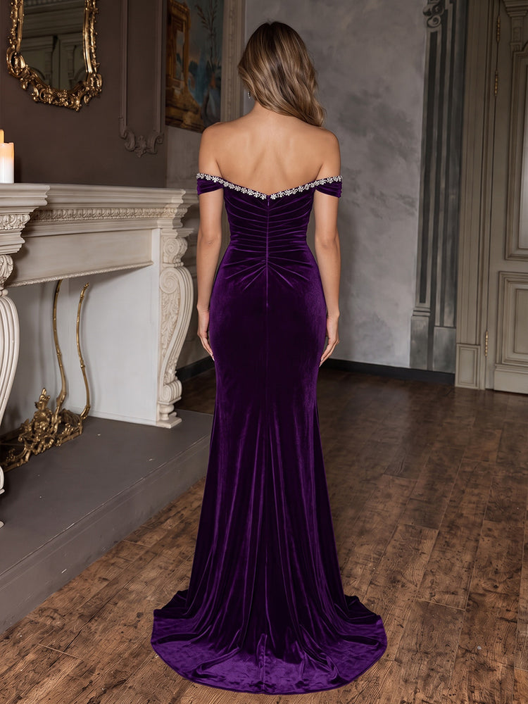 Velvet Mermaid Off Shoulder Long Evening Dresses with Rhinestone