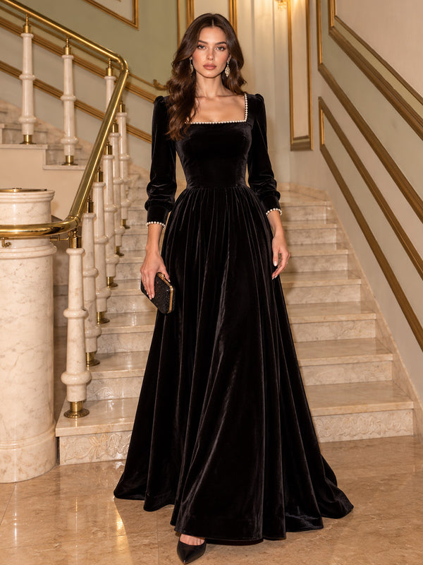 Velvet A-Line Square Neck Long Evening Dresses with Beaded