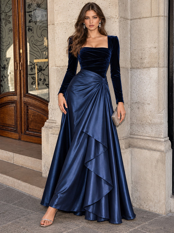 Velvet A-Line Square Neck Long Evening Dresses with Sash