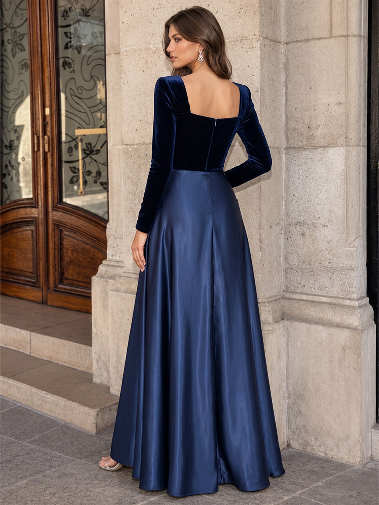 Velvet A-Line Square Neck Long Evening Dresses with Sash