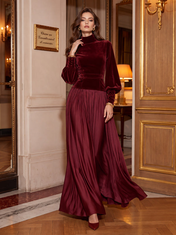 Velvet A-Line High Neck Long Evening Dresses with Pleated