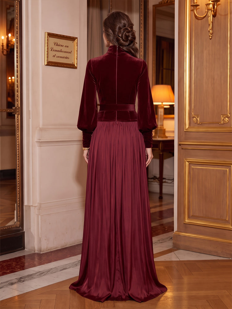 Velvet A-Line High Neck Long Evening Dresses with Pleated