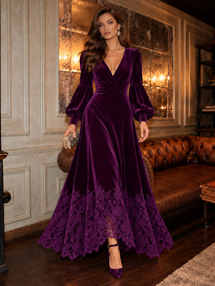 Velvet A-Line V Neck Long Evening Dresses with Floral Lace Applique