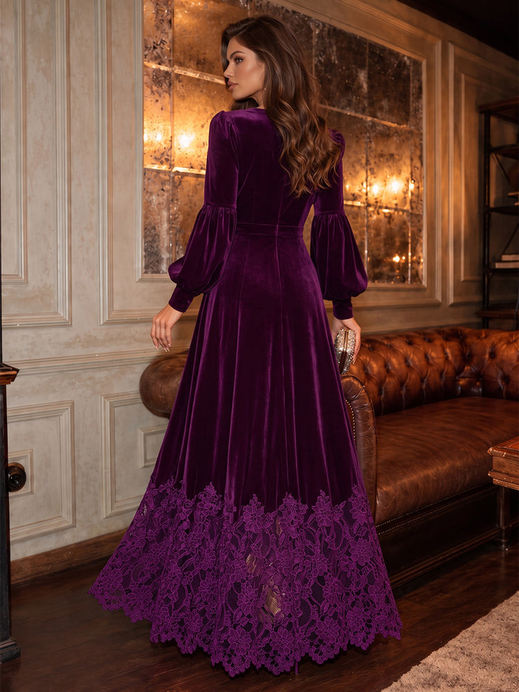 Velvet A-Line V Neck Long Evening Dresses with Floral Lace Applique
