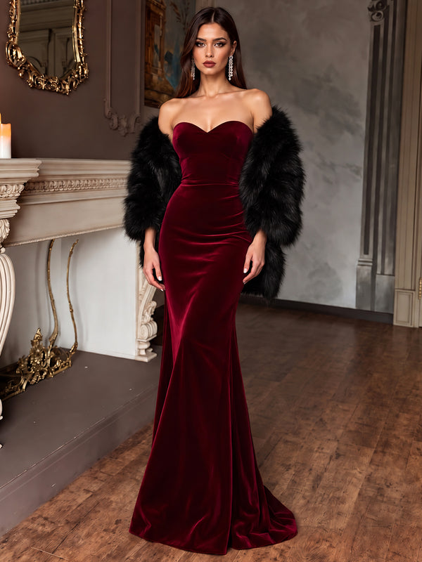 Velvet Mermaid Strapless Long Evening Dresses with Fur Wrap