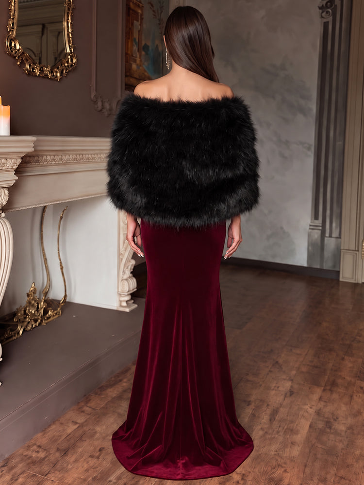 Velvet Mermaid Strapless Long Evening Dresses with Fur Wrap