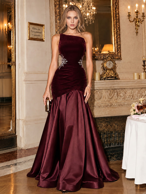 Velvet A-Line One Shoulder Long Evening Dresses with Rhinestone