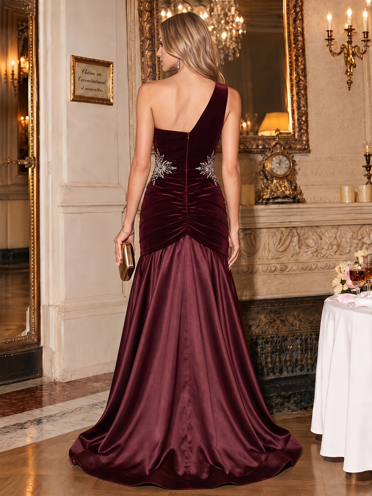 Velvet A-Line One Shoulder Long Evening Dresses with Rhinestone