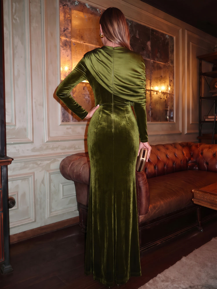 Velvet Sheath/Column Round Neck Long Evening Dresses with Slit