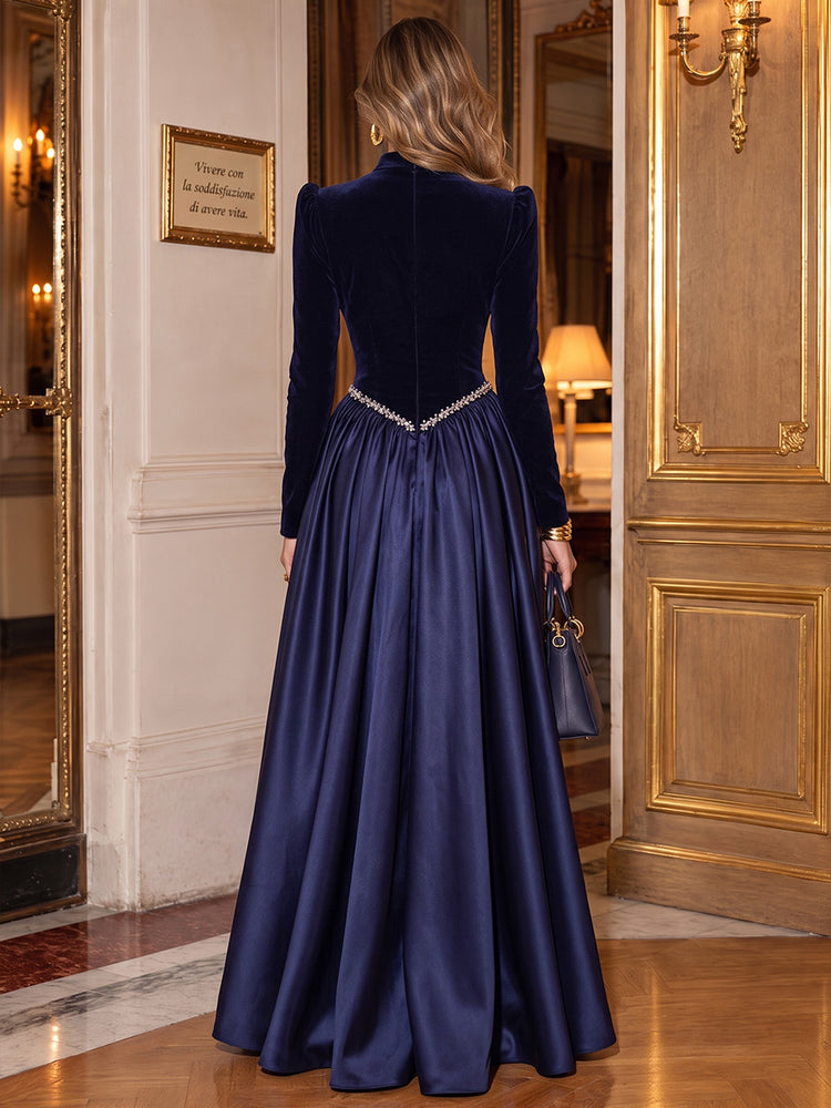 Velvet A-Line High Neck Long Evening Dresses with Rhinestone