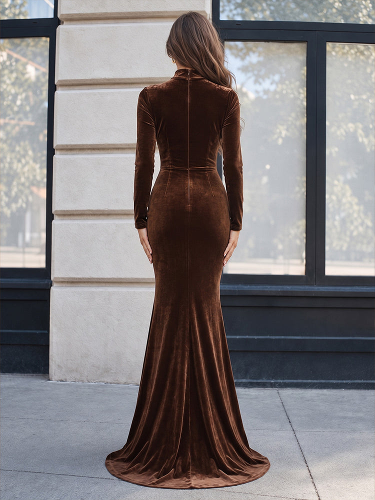 Velvet Mermaid High Neck Long Evening Dresses with Ruched