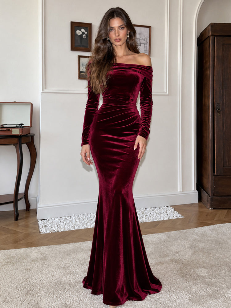 Velvet Mermaid Off Shoulder Long Evening Dresses with Ruched