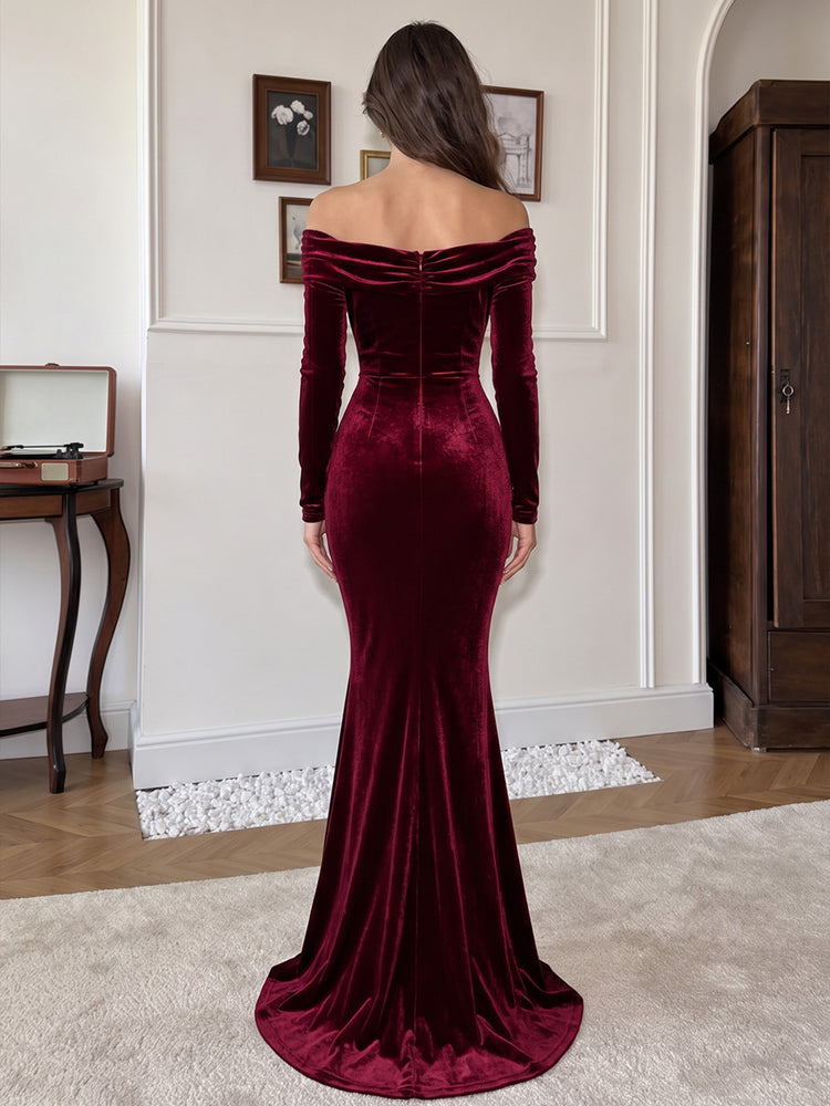 Velvet Mermaid Off Shoulder Long Evening Dresses with Ruched