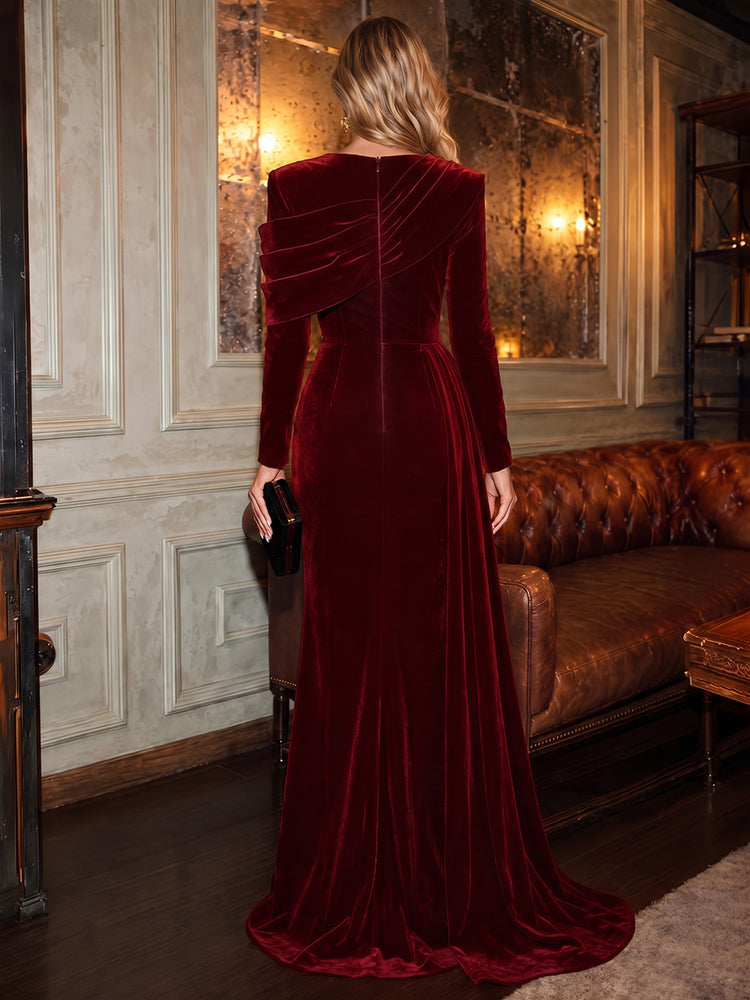 Velvet Mermaid Asymmetric Neck Long Evening Dresses with Slit