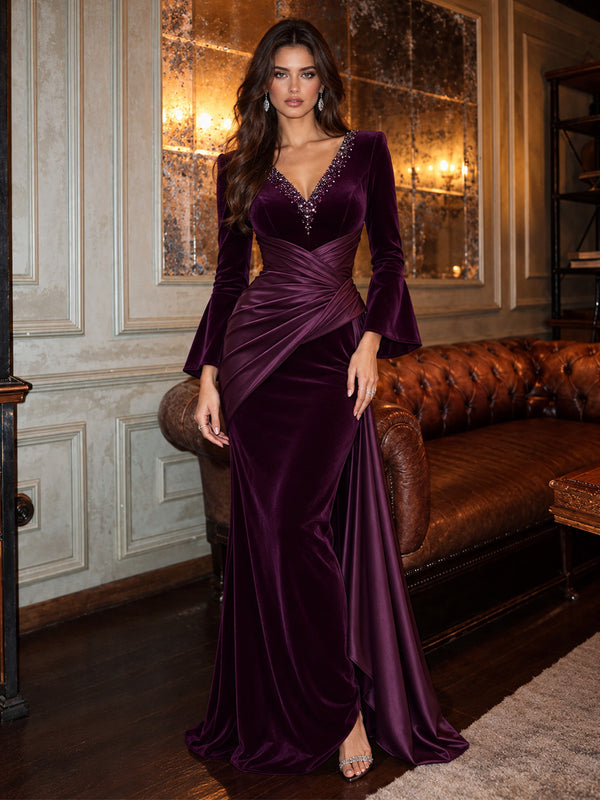 Velvet Mermaid V Neck Long Evening Dresses with Rhinestone