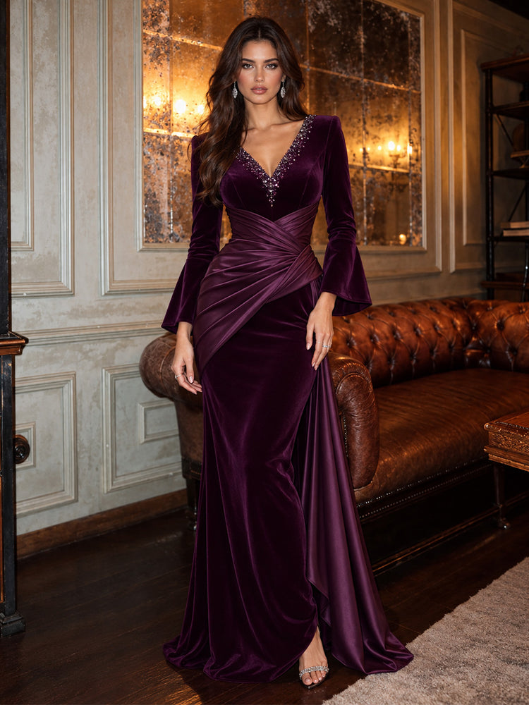 Velvet Mermaid V Neck Long Evening Dresses with Rhinestone