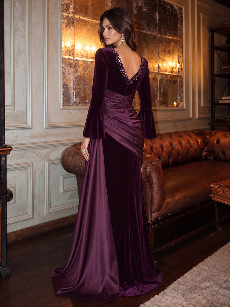 Velvet Mermaid V Neck Long Evening Dresses with Rhinestone