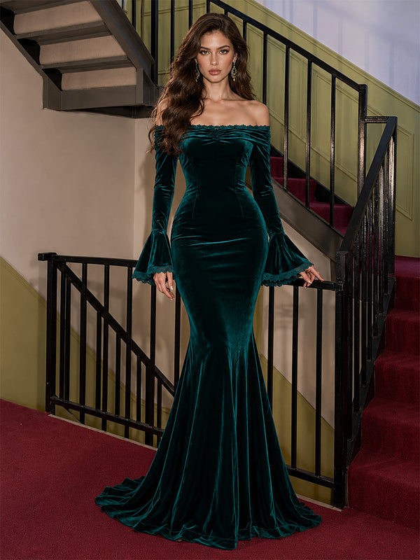 Velvet Mermaid Off Shoulder Long Evening Dresses with Lace Trim