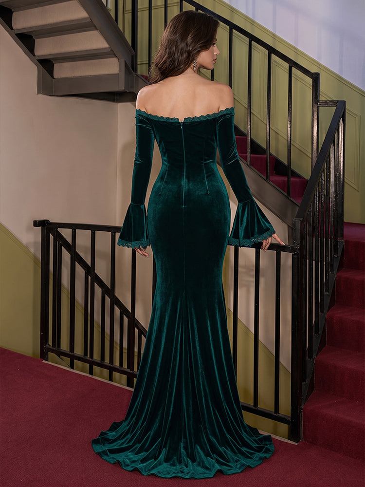Velvet Mermaid Off Shoulder Long Evening Dresses with Lace Trim