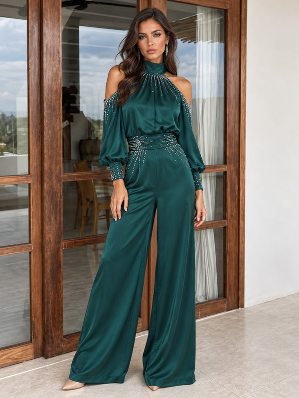 Acetate Satin Jumsuit Halter Long Evening Dresses with Rhinestone