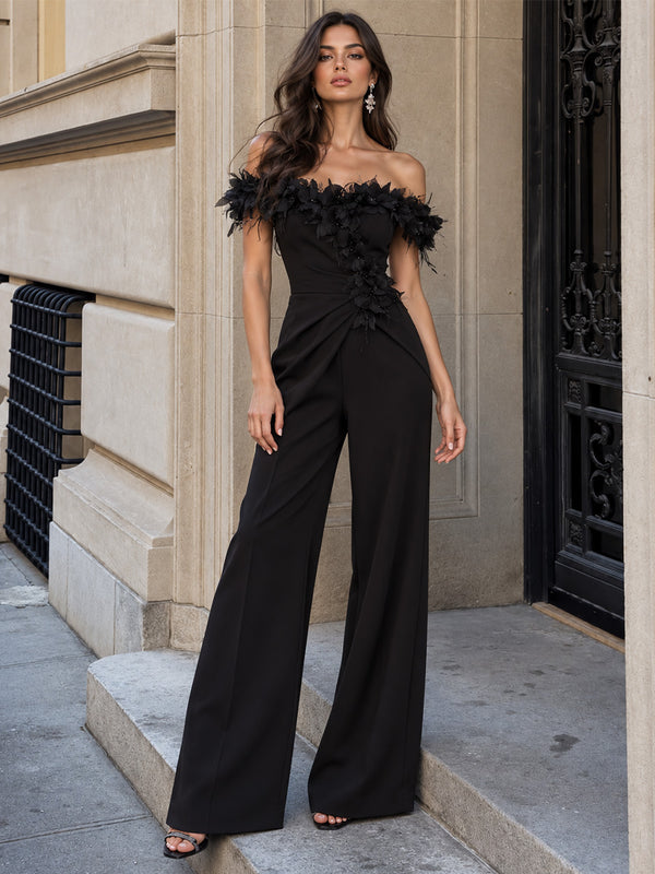 Stretch Crepe Jumsuit Off Shoulder Long Evening Dresses with 3D Flowers