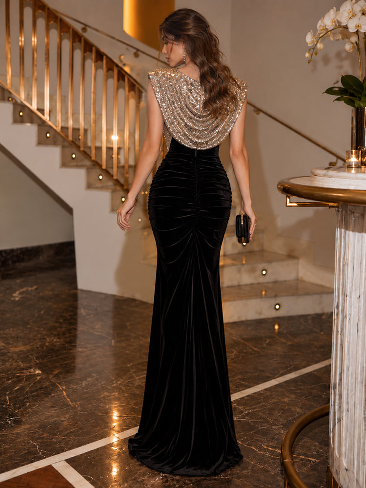 Sequin Mermaid Cowl Neck Long Evening Dresses with Velvet