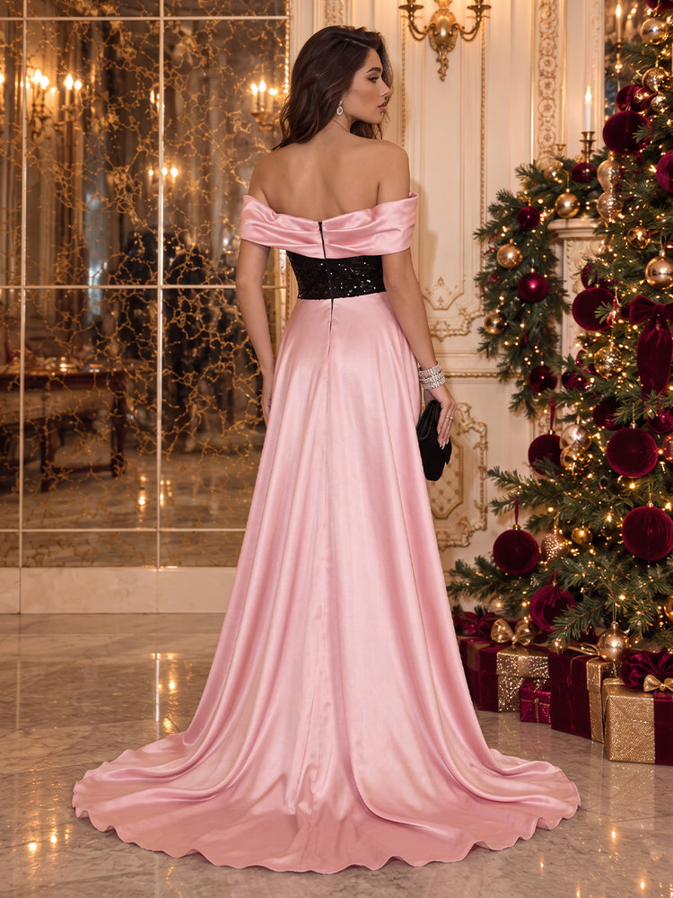 Sequin Mermaid Off Shoulder Long Evening Dresses with Satin Cape