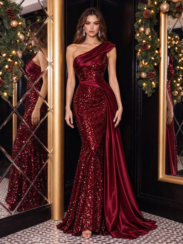 Sequin Mermaid One Shoulder Long Evening Dresses with Draped Side Sash