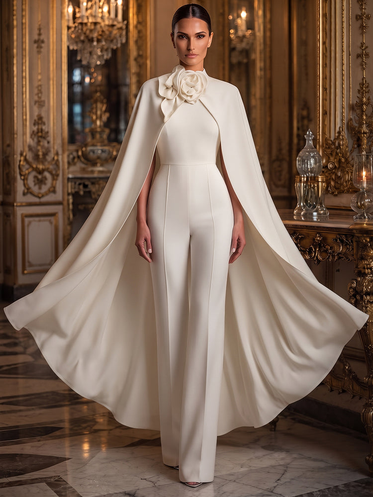 Stretch Crepe Jumsuit Round Neck Long Evening Dresses with Satin Cape
