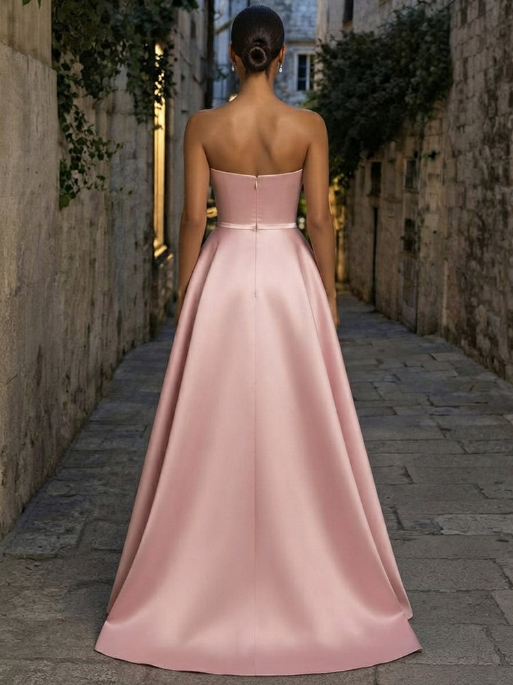 Satin Mermaid Strapless Long Evening Dresses with Overskirt