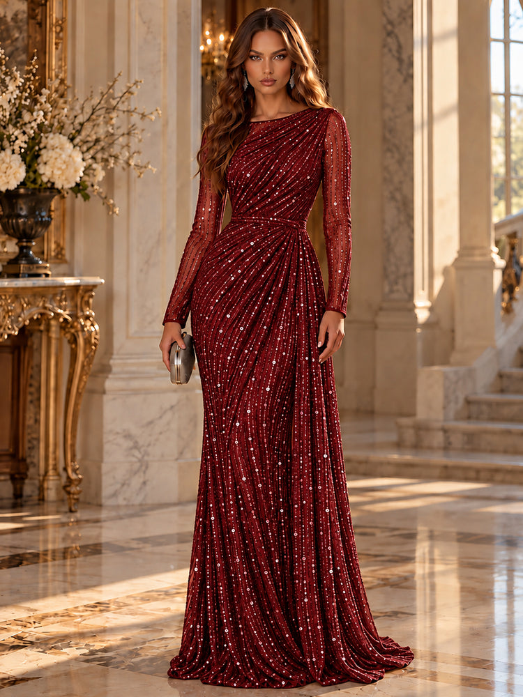 Sequin Mermaid Round Neck Long Evening Dresses with Ruched