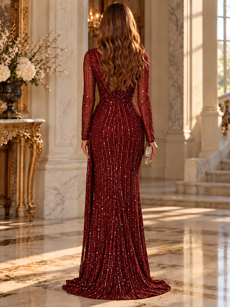 Sequin Mermaid Round Neck Long Evening Dresses with Ruched