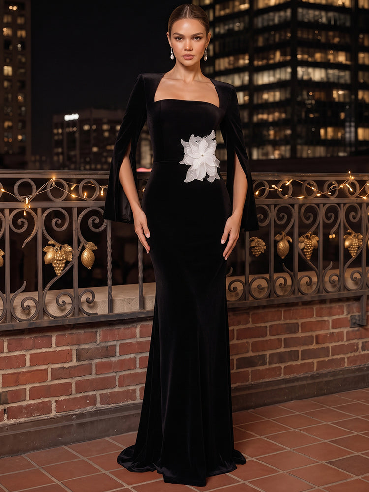 Velvet Mermaid Square Neck Long Evening Dresses with 3D Flowers