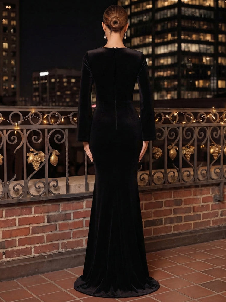 Velvet Mermaid Square Neck Long Evening Dresses with 3D Flowers