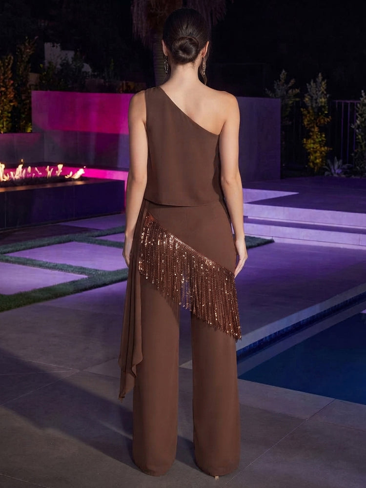 Chiffon Two-Piece Separates Asymmetric Neck Long Evening Dresses with Sequined Fringe