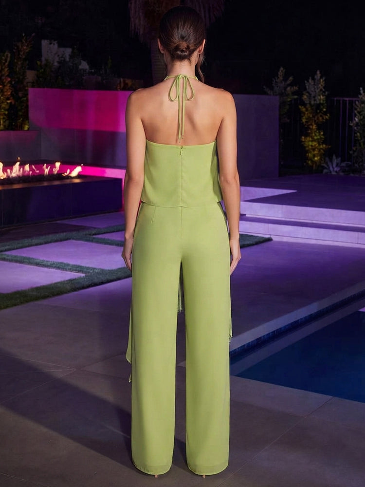 Chiffon Two-Piece Separates Halter Long Evening Dresses with Sequined Fringe