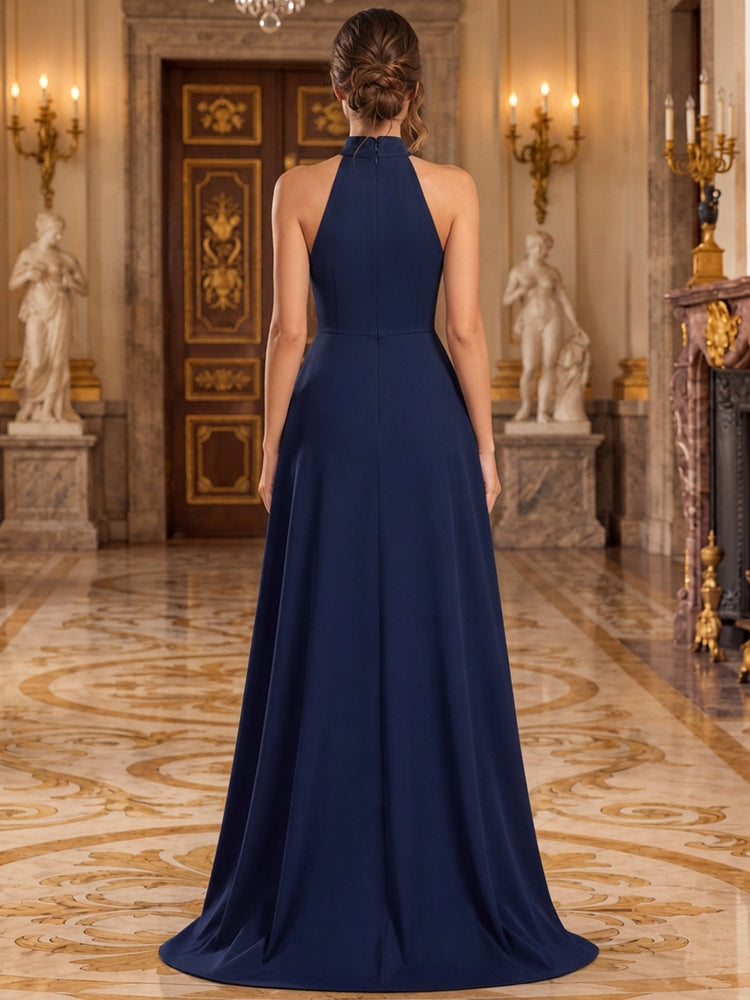 Satin Two-Piece Separates Halter Long Evening Dresses with Overskirt