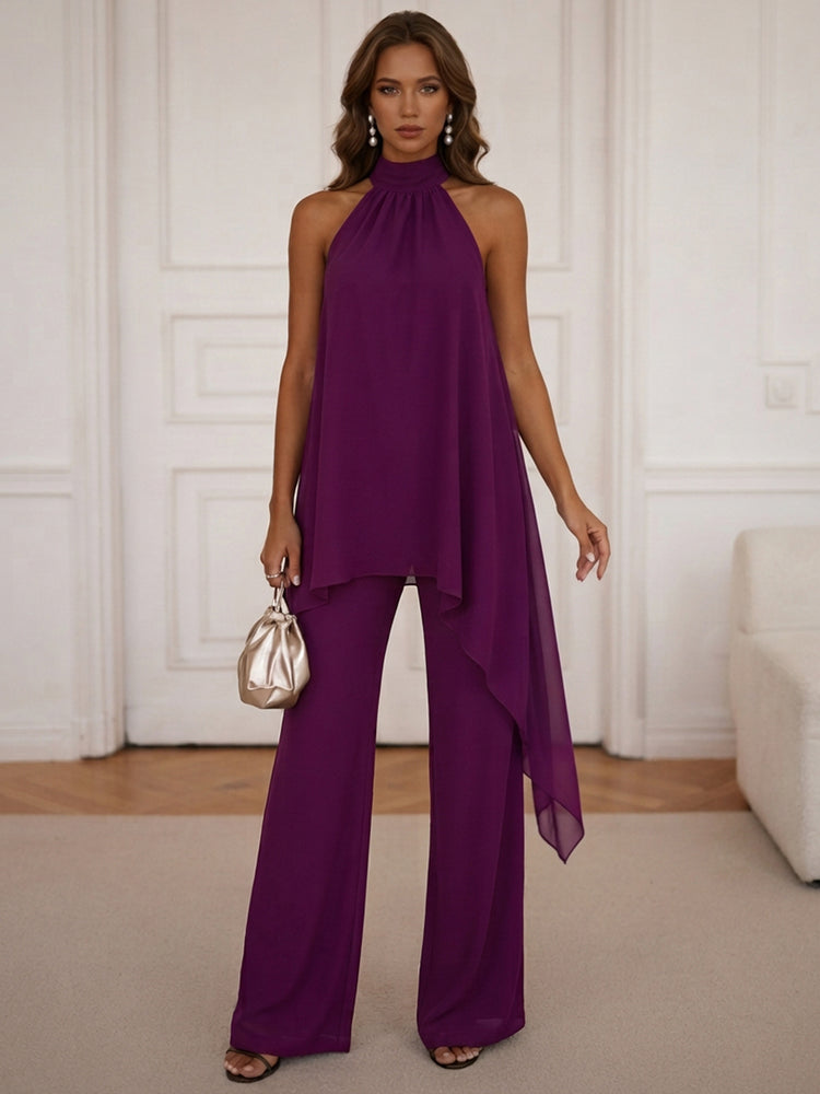 Chiffon Two-Piece Separates V Neck Long Evening Dresses with Asymmetric Overlay
